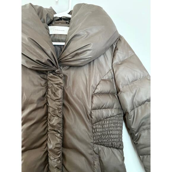 Tahari Coat Womens S Duck Down Long Zip Front Chocolate Brown Puffer Hooded - Picture 2 of 6